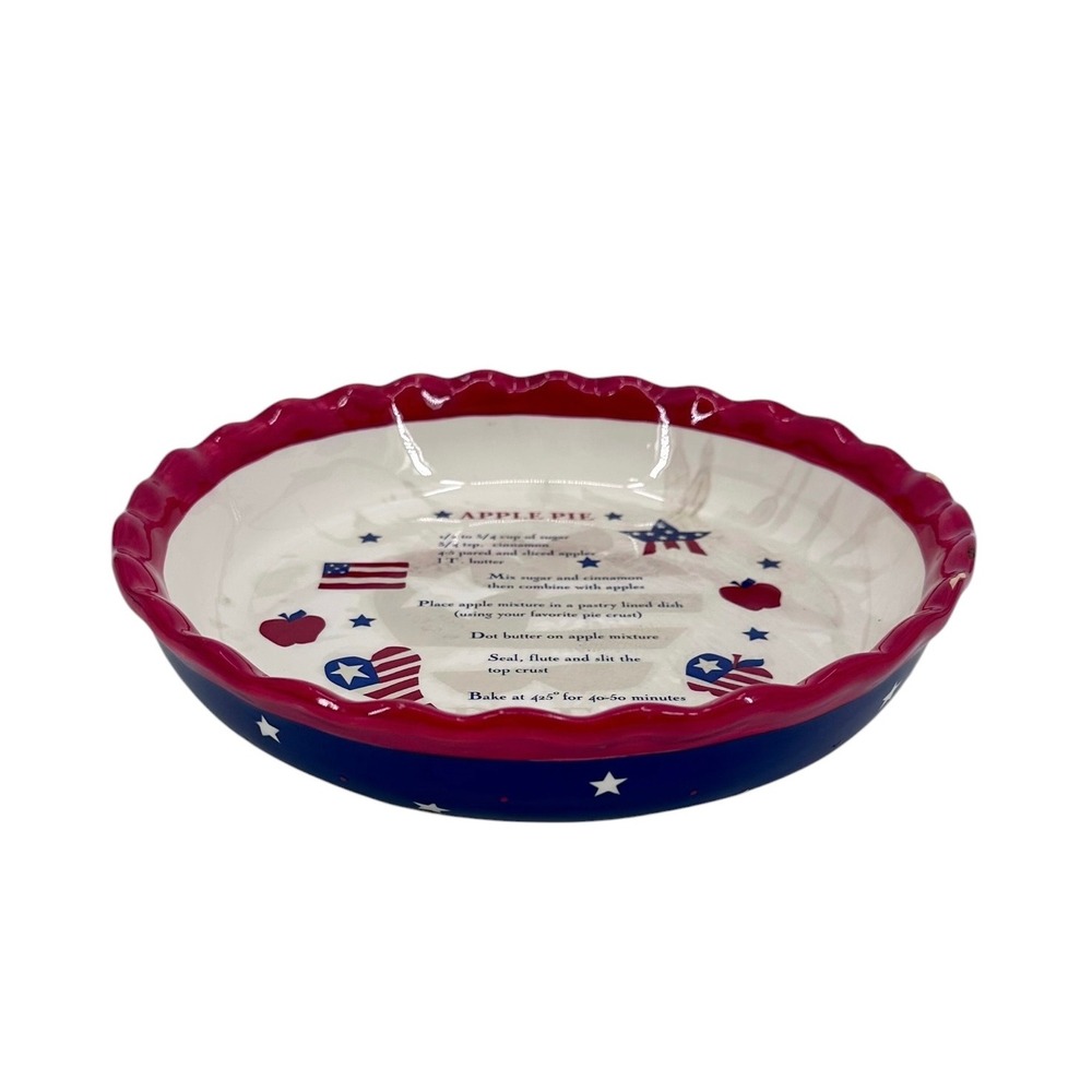 Americana Patriotic Apple Pie Recipe Stoneware Pie Plate 10 Inch Red White Blue